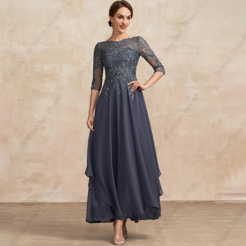 Fashion Mother of Bride Dresses for Wedding Three Quarter 2025 Ankle Length Scoop Wedding Party Gowns with Lace Chiffon Robe