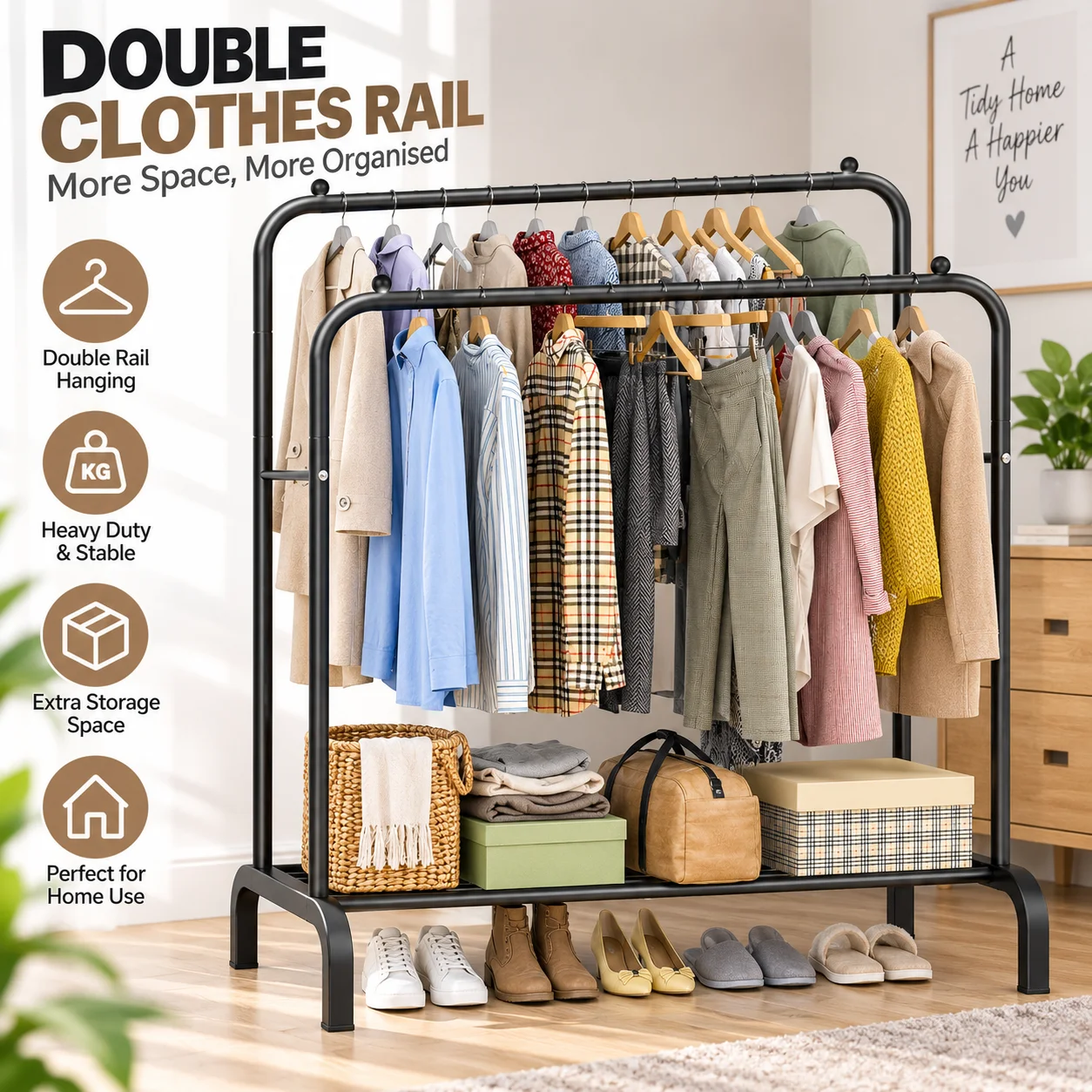 Double Clothes Rail Heavy Duty, Hanging Garment Rack with Shoe Storage, Display Stand for Bedroom Wardrobe Clothes Shop, Space Saving Clothes Rack