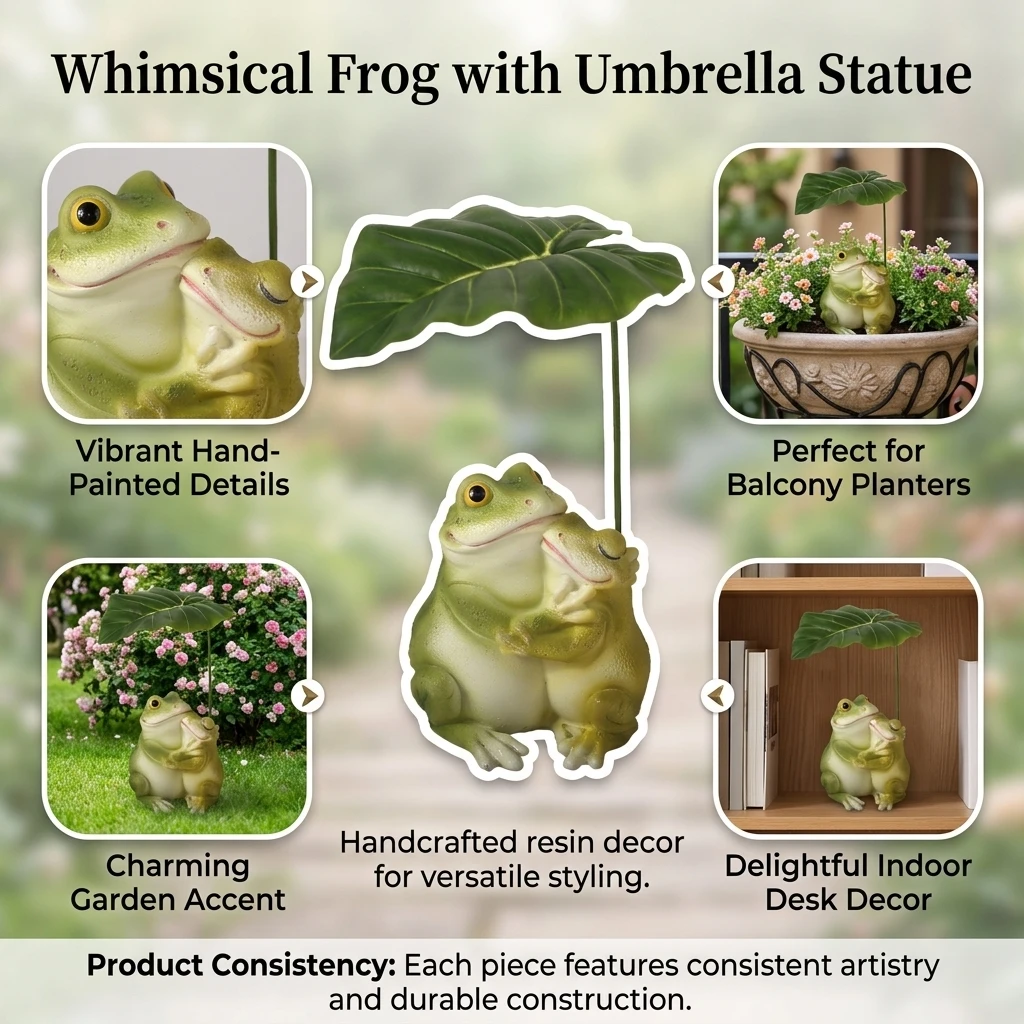 Resin Frog Umbrella Figurine Weatherproof Animal Statue Plant Pot Decoration for Outdoor Garden Patio Yard Balcony Fairy Garden