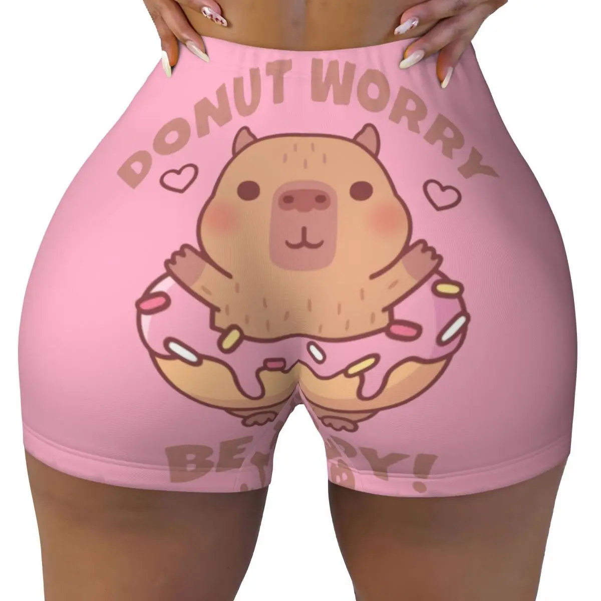Custom Donut Worry Be Cappy Capybara Biker Running Gym Shorts Women Athletic Workout Yoga Shorts