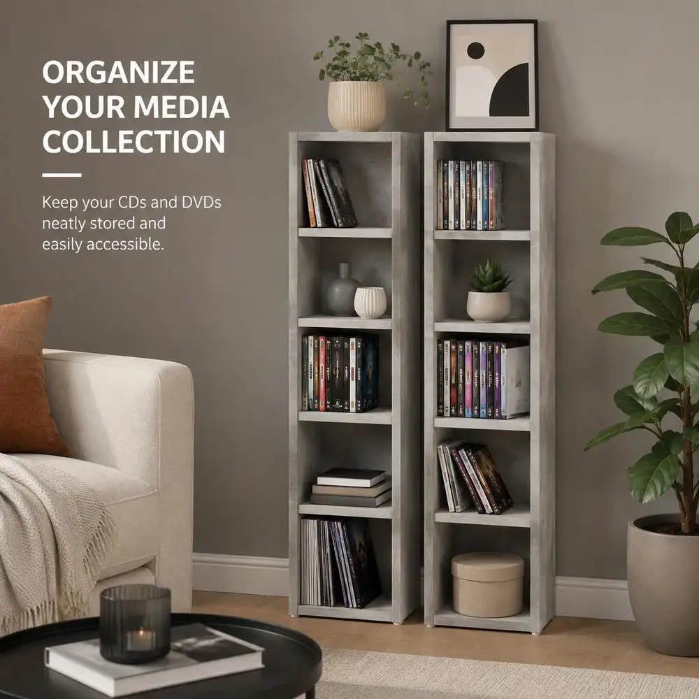Rangement pour CD en bois composite avec 5 compartiments, stable avec une surface lisse, idéal pour le rangement de CD, DVD et Blu-Ray, design moderne pour