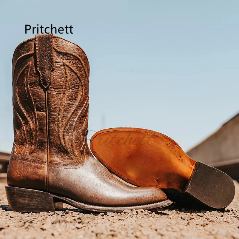 Totem Western Cowboy-Stiefel für Herren Vintage Halbstiefel mit Spitzer Spitze Klassische Herrenschuhe aus Echtem Leder Winterstiefel