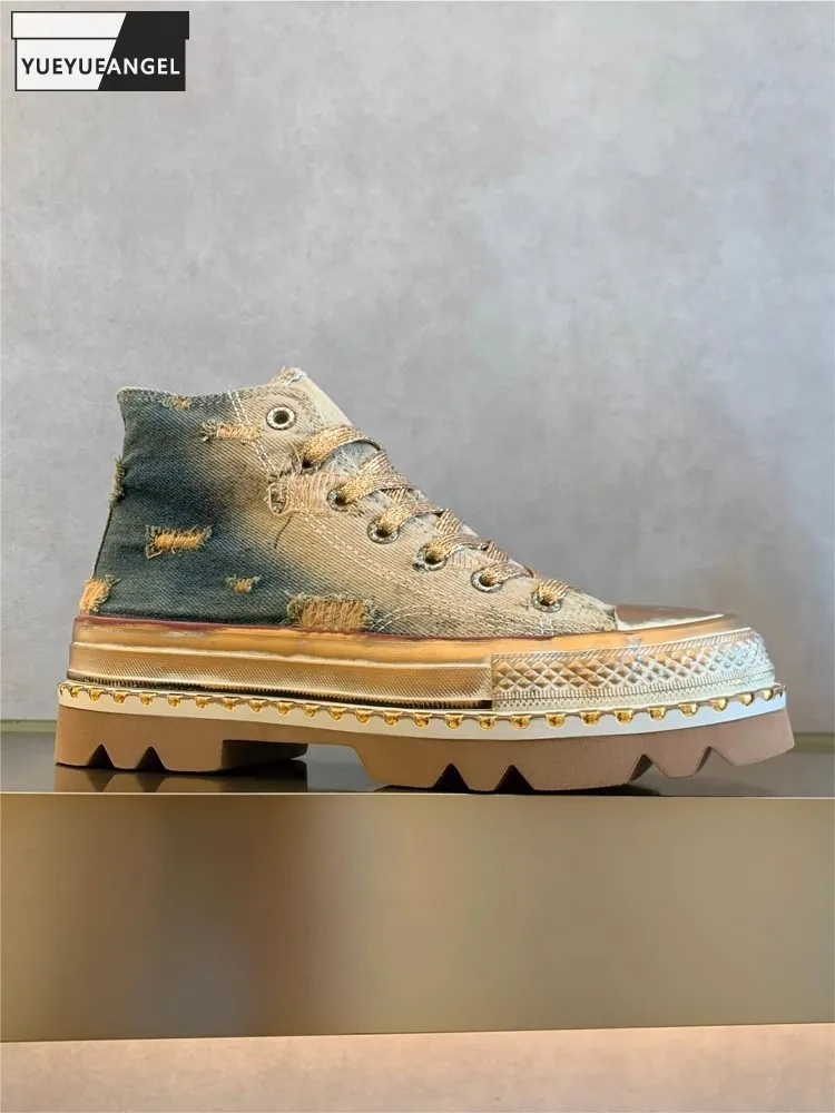 Frauen Farbverlauf Leinwand High Top Schuhe Lace Up Vintage Zerrissene Hip Hop Casual Plattform Pumpen Weibliche Höhe Zunehmende Schuhe