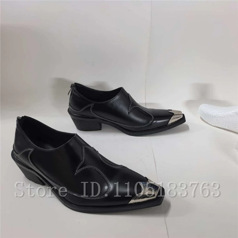 Retro Gothic Punk Western Cowboy Stil Herren Loafer Schwarzes Leder Metall Spitze Zehe Blockabsatz Genähte Kurze Stiefel