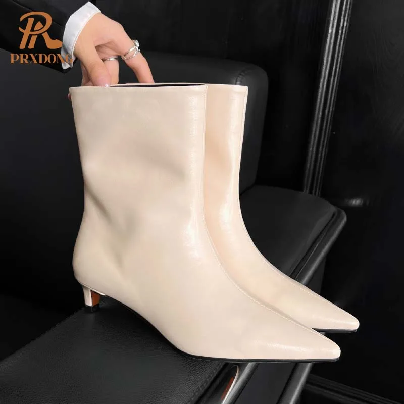 PRXDONG 2025 Neue Marke Echtes Leder Frauen Schuhe Med Heels Spitz Schwarz Weiß Herbst Winter Warme Stiefeletten Größe 34-40
