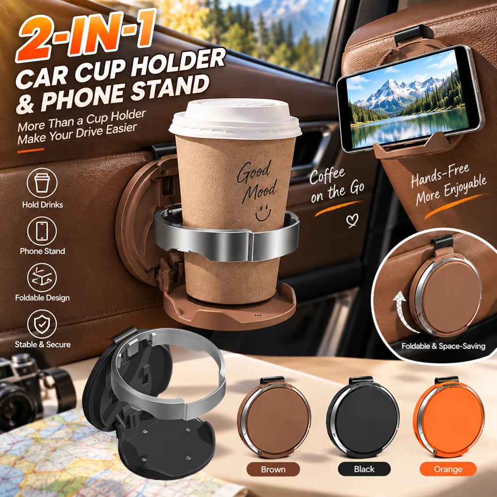 Porte-gobelet et support pour téléphone pliable 2-en-1 pour portière de voiture, bac de rangement en cuir pour boissons, accessoires de support fixe pour boissons