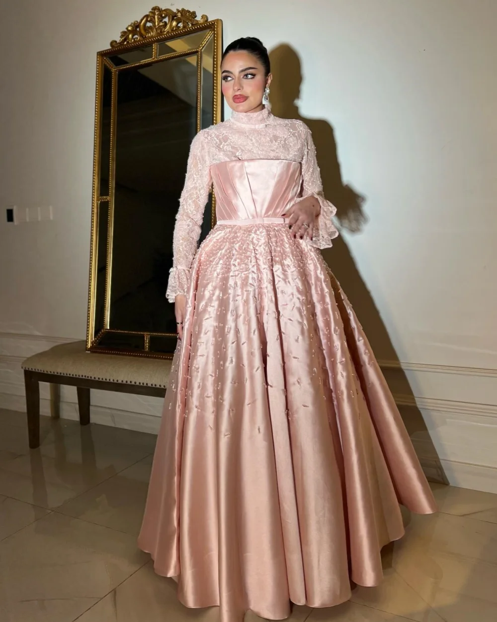Customized Exquisite Women Charmeuse Lace Beading A-line Evening Dress Elegant High Collar Long Sleeves Floor Lenght Party Gowns