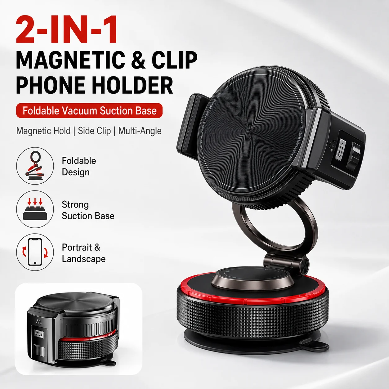 2 in 1 Suction Cup Phone Holder, Magnetic & Side Clip Foldable Car Phone Mount, 360 Rotation Dashboard Windshield Cell Phone Sta