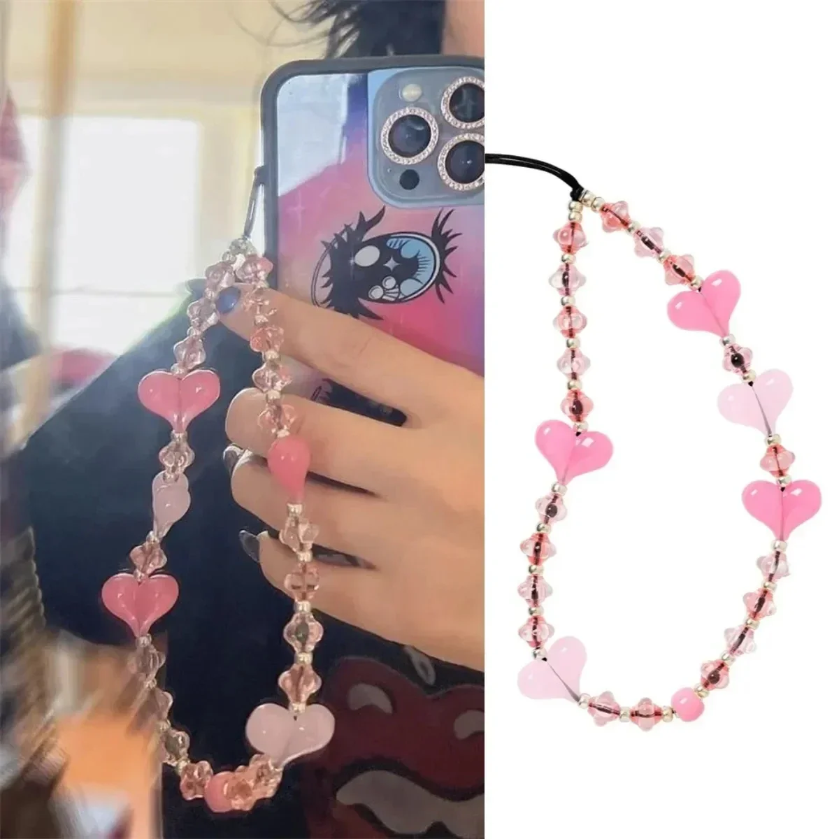 Sweet Pink Phone Chains Acrylic Heart Mobile Phone Pendant Lantern Crystal Beads Charm for Women Girls Phone Strap Accessories