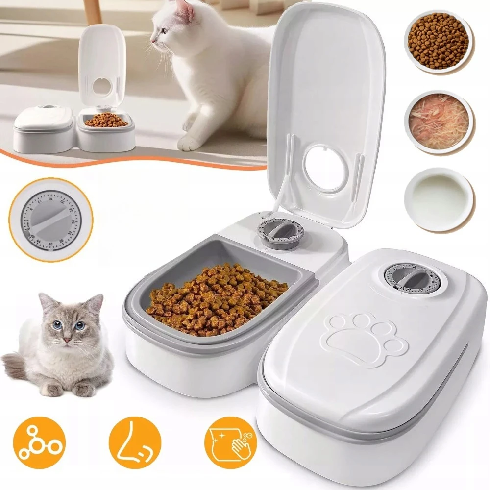 Distributeur automatique de nourriture pour 2 repas, distributeur de nourriture pour animaux de compagnie, pour chats et chiens, distributeur automatique de nourriture sèche et humide avec minuterie de 48 heures, pour tous les animaux domestiques.