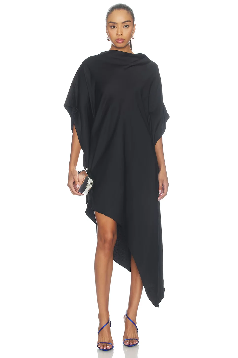 Customized Draped Cowl Neck Black Kaftan Dress Batwing Sleeve Oversized Irregular Asymmetrical Hem Evening Dress