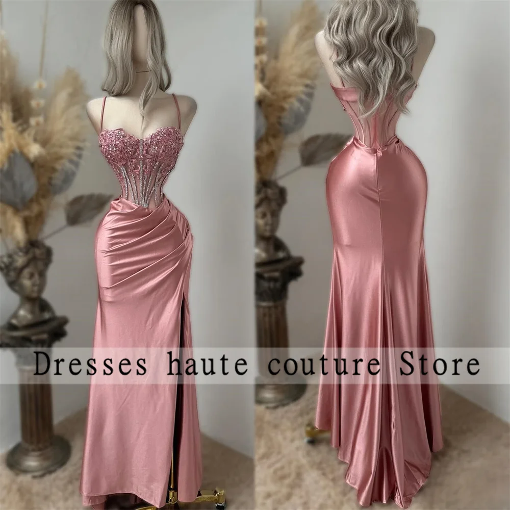 Pink Satin Spaghetti Strap Mermaid Prom Dress 2026 Beaded Birthday Party Dress Side Slit Wedding Formal Dress Customized