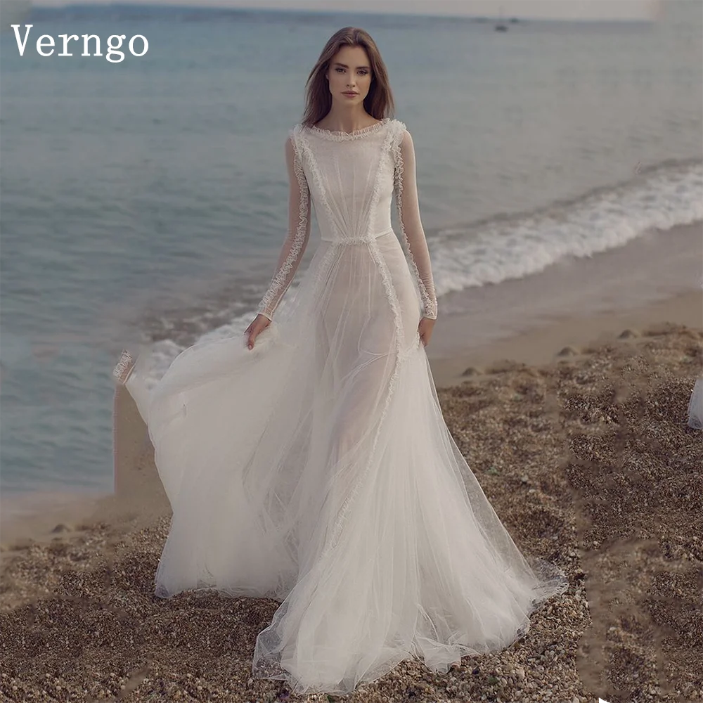 Verngo lvory Tulle Evening Dress O Neck Full Sleeves A Line Prom Gowns Women Elegant Formal Occasion Dresses Customized