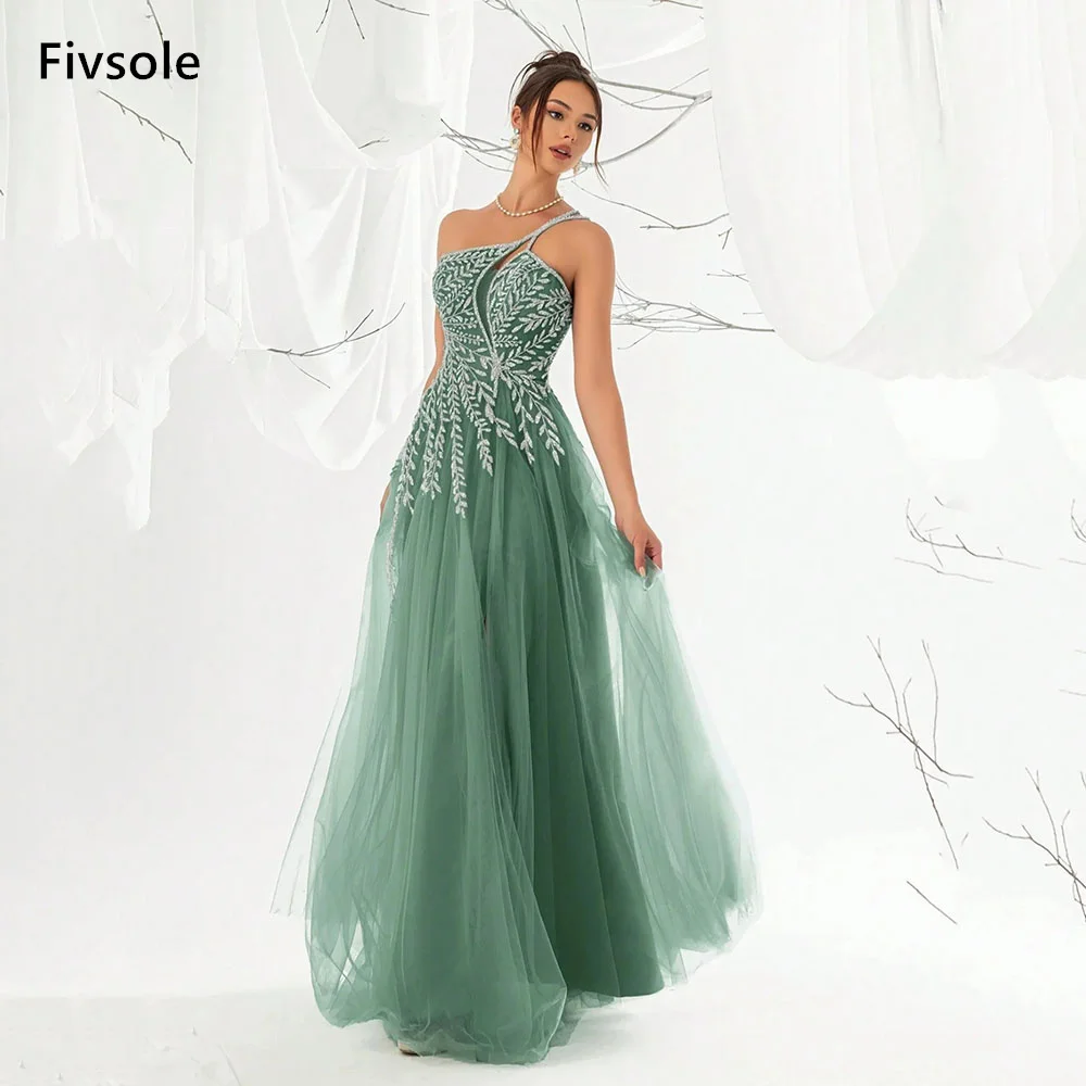 Fivsole Sage Green Tulle Prom Dress One Shoulder Embroidery Party Dress A-Line High Slit Evening Gown 2026 Customized