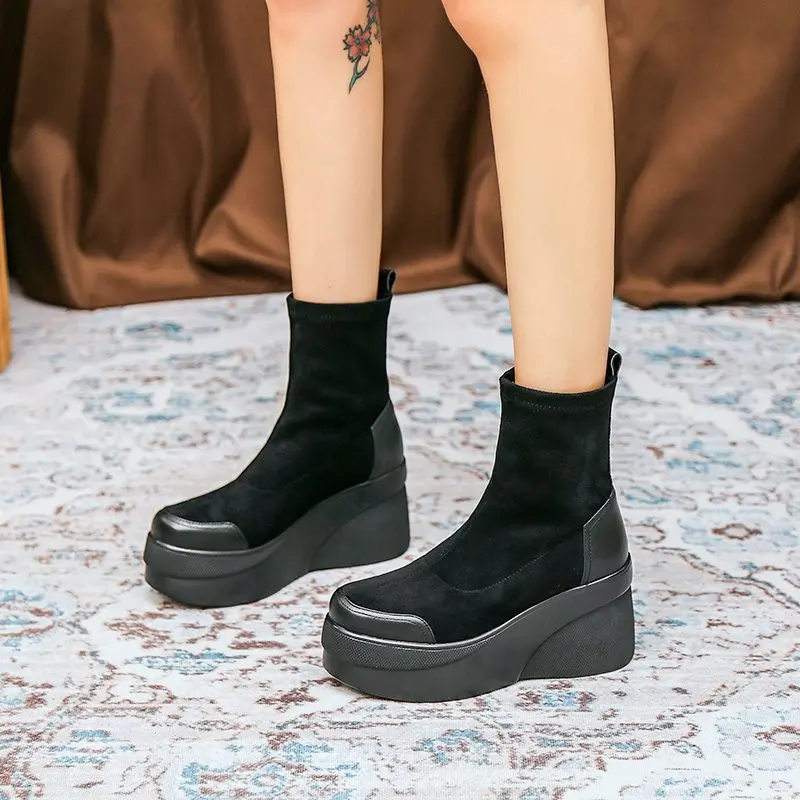 Herbst Frühling Frauen Schuhe Frau Plattform Stiefel Mode Runde Kappe Stiefeletten 2023 Winter Elastische Schwarz Keil Bequem