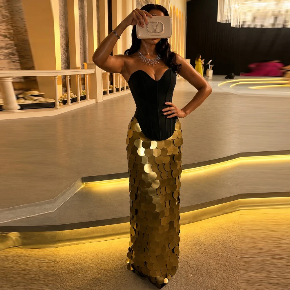 Sexy Mermaid Evening Dress Delicate Strapless Golden Sequined Customized Celebrity Gowns High Quality Jersey Party Dresses