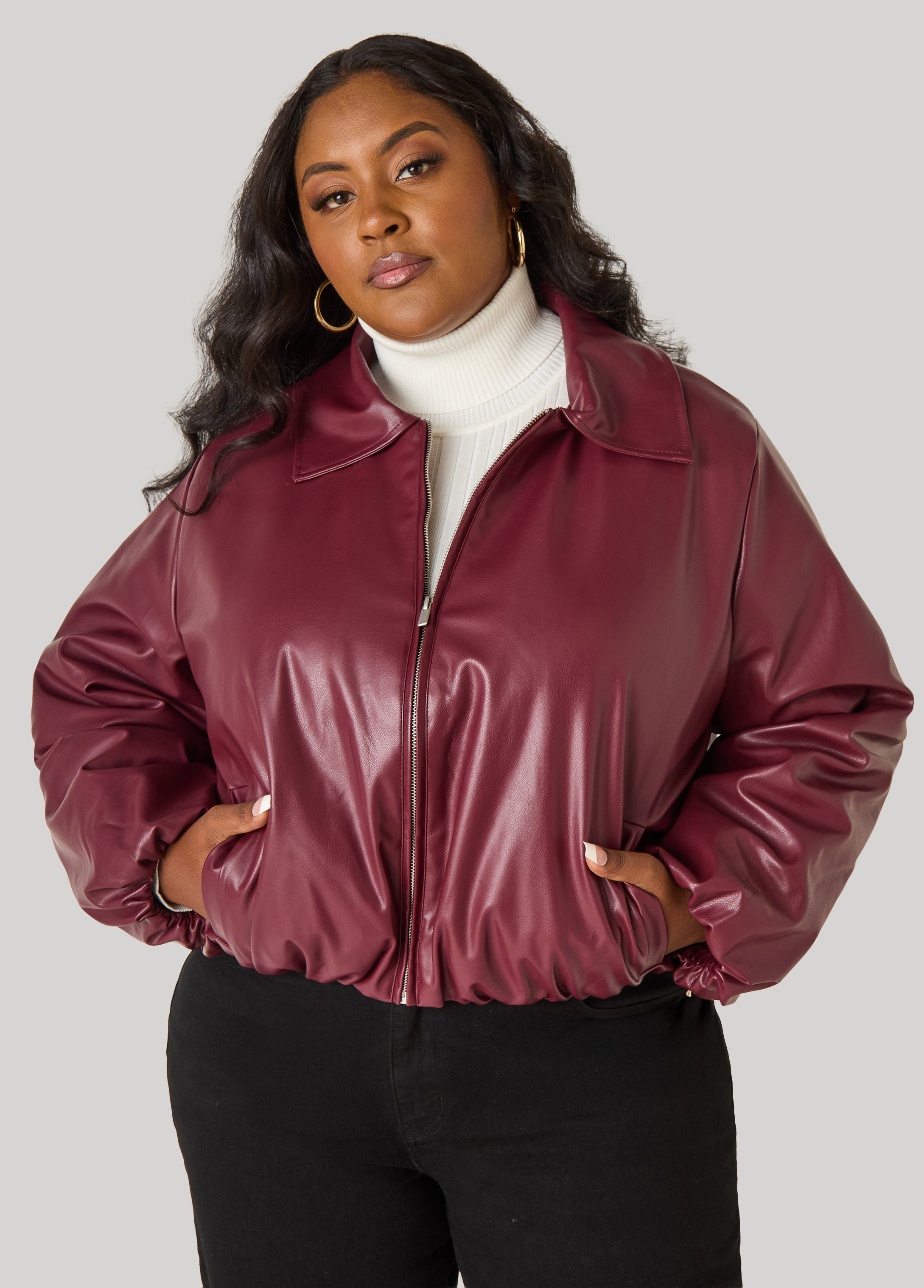 Plus Size Faux Leather Puff Bomber Jacket
