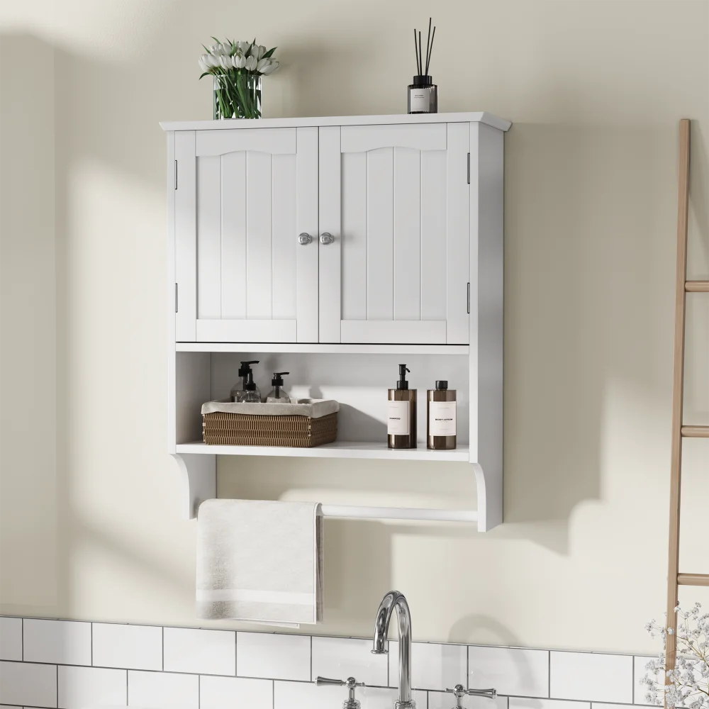 Meuble de salle de bain blanc, porte-serviettes mural, armoire à pharmacie pour salle de bain avec 2 étagères réglables, meuble mural pour salle de bain, idéal pour la buanderie, la cuisine et la salle de bain.