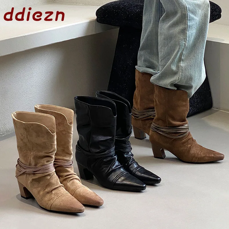 Damen-Schuhe mit eckigen Absätzen, Damen-Western-Stiefeletten, Slip-On-Schuhe, modische Schuhe mit spitzer Zehenpartie, Damen-Kurzstiefeletten, neue Schuhe.