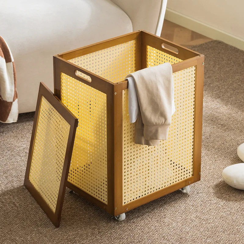 Retro style rattan woven bamboo dirty clothes basket, mobile pulley storage basket, household clothing and toy storage basket