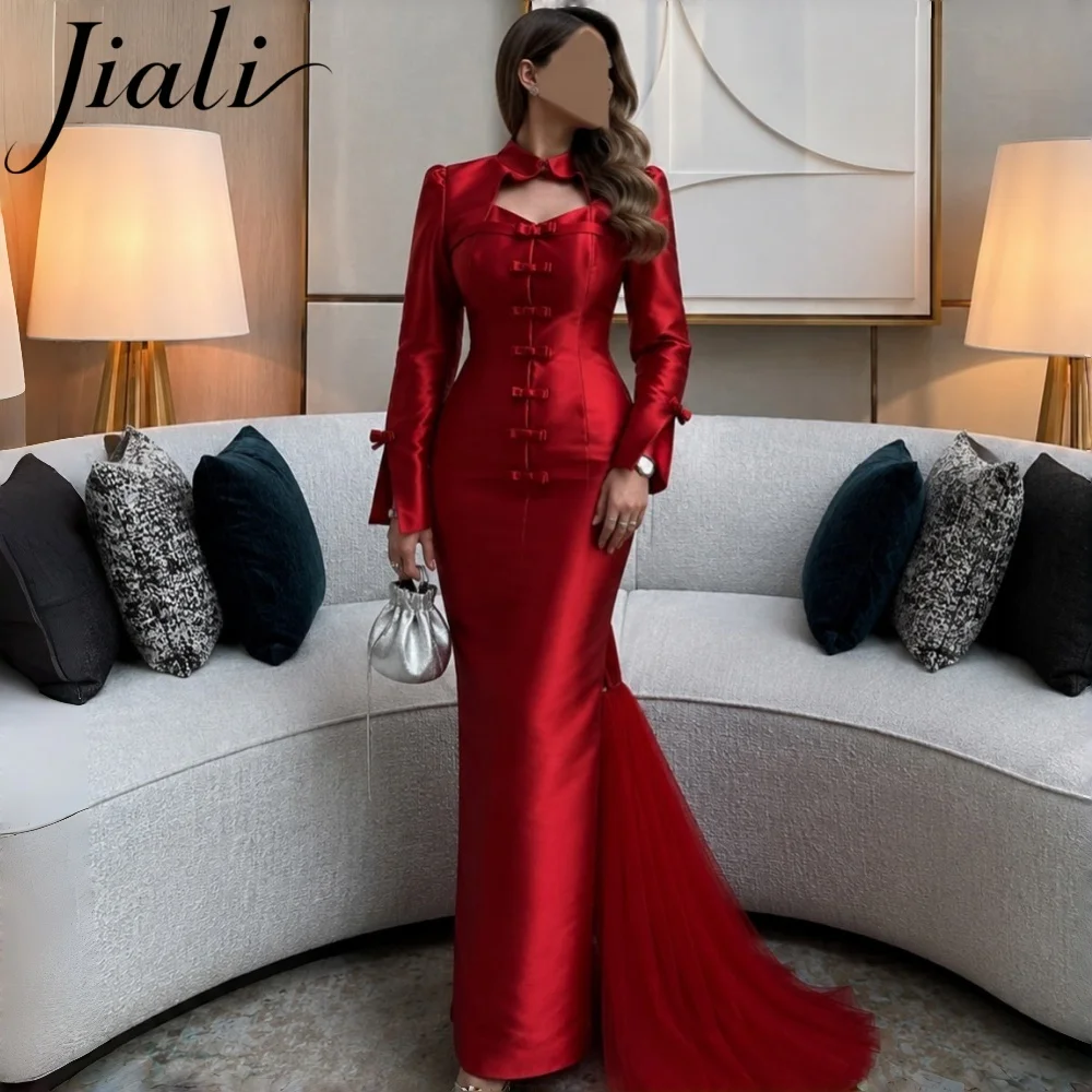 Jiali Customized Chinese Style Satin Mermaid Evening Dress with Tulle Sweep Train Bow Stand Collar Hollow Neck Long Sleeves