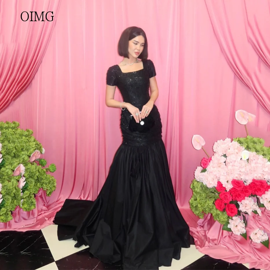 OIMG Formal Black Square Neck Mermaid Prom Gowns Sequined Pleated Party Gown Floor Length Evening Dress فساتين سهرة Customized