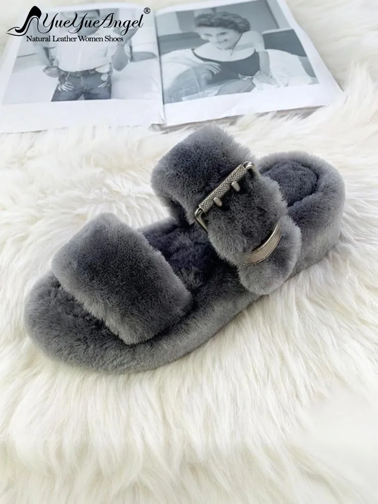 Frauen Echt Wolle Plattform Hausschuhe Casual Einfarbig Frühling Herbst Mode Schuhe Atmungsaktive Offene spitze Nicht-Slip Außerhalb Rutschen