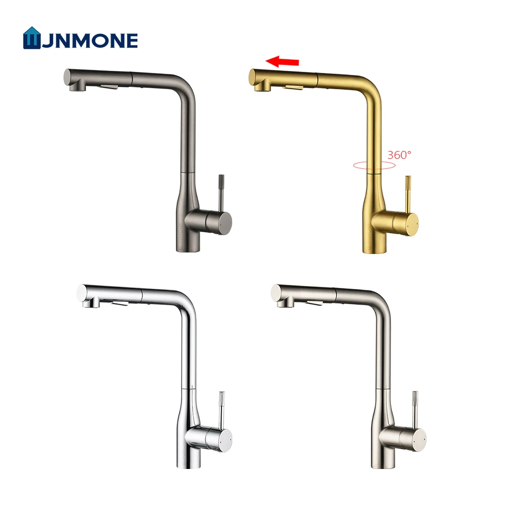 Robinet de cuisine moderne à tirette, monocommande, eau chaude et froide, robinet de cuisine à montage sur plan, trou unique, gris canon, mélangeur Mélangeurs de cuisine or brossé de luxe Robinets chromés pour cuisine