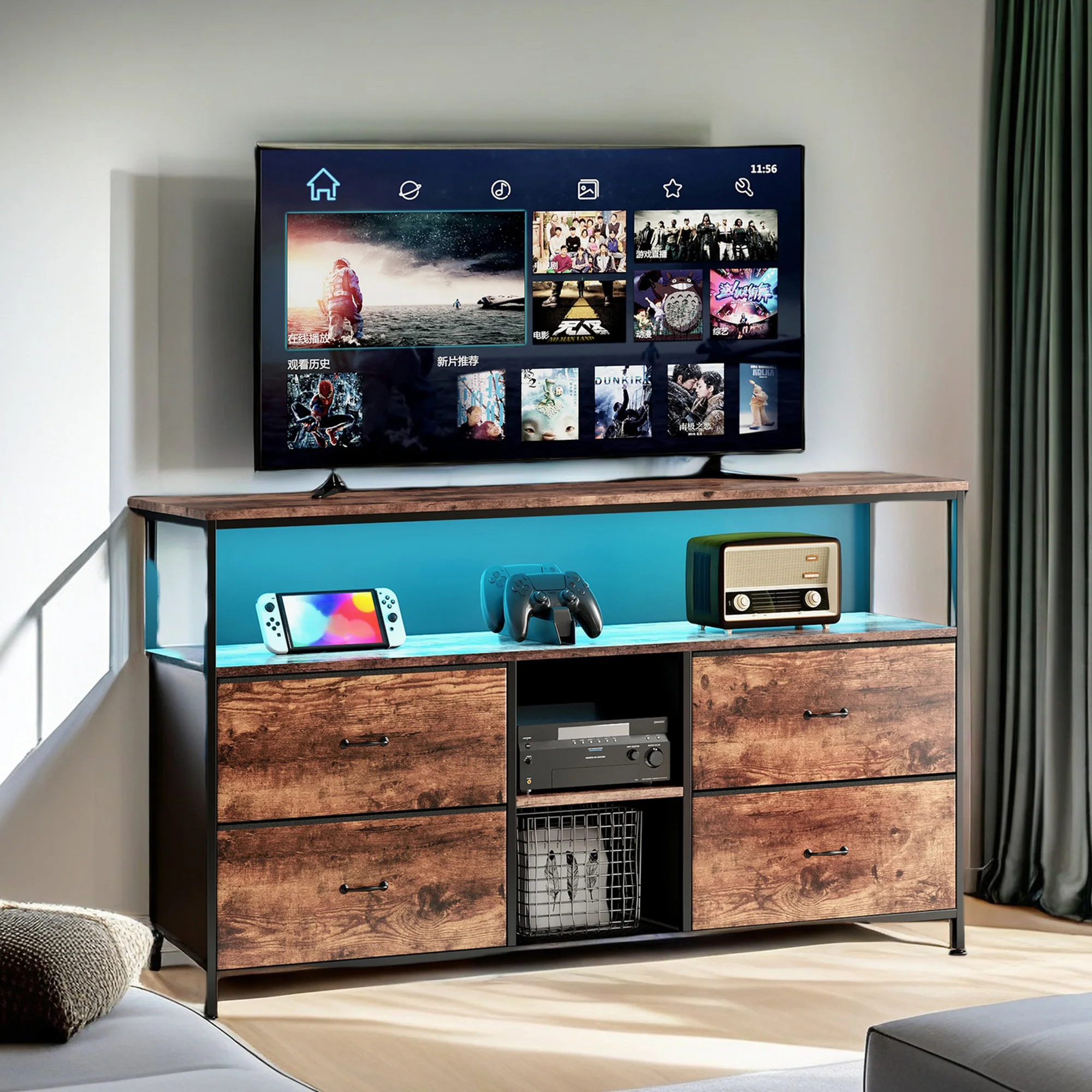 Superaly 108 cm TV-Schrank mit 4 Schubladen und 3 offenen Fächern, TV-Board, Kommode mit Metallrahmen, TV-Lowboard, TV-Ständer für Wohnzimmer, Schlafzimmer, Holzfarbe