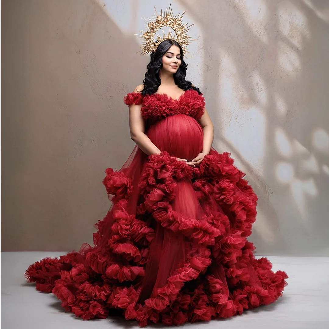 Red Layered Prom Dresses 2026 Stretch Waist Maternity Photoshoot Dress Plus Size Tiered Baby Shower Gown with Ruffles Customized