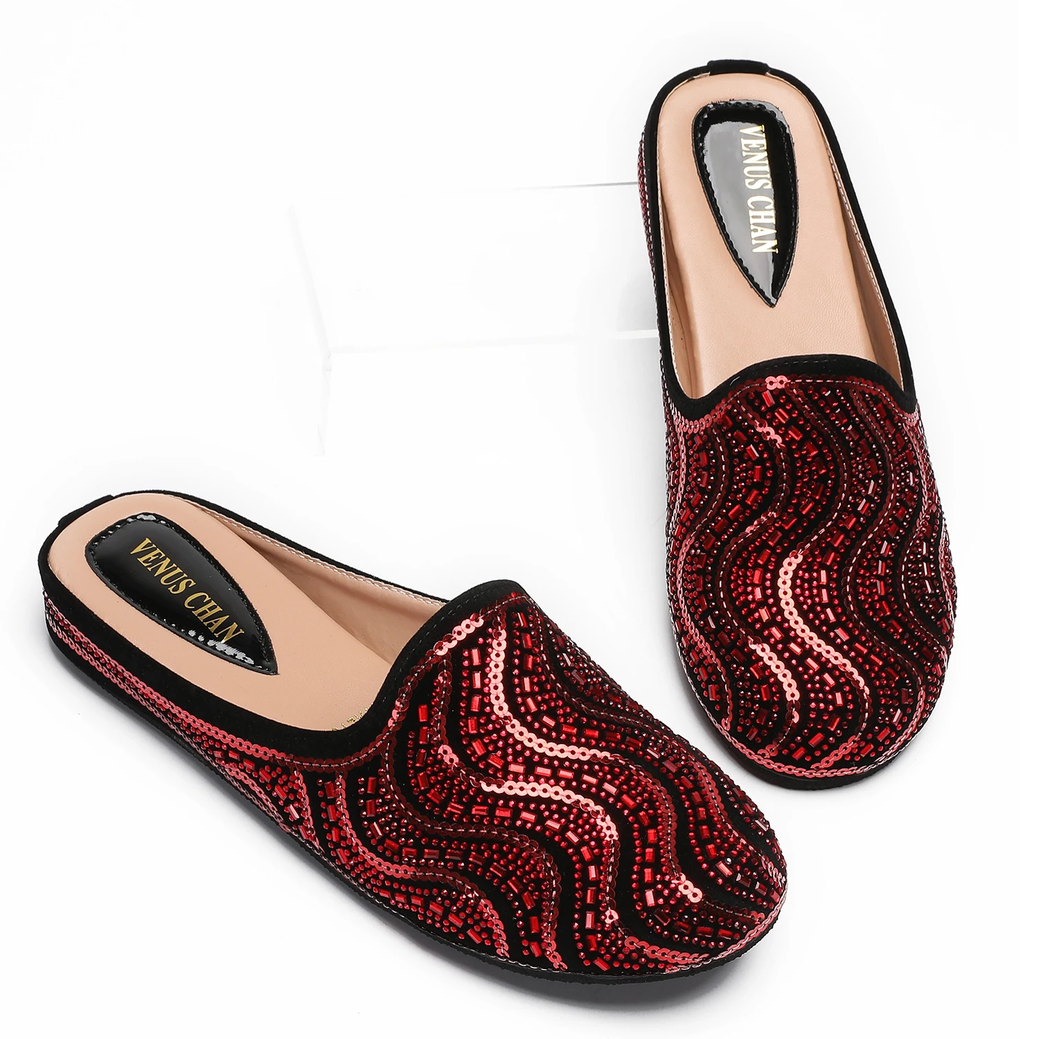 Frau Mode Bequeme Party Hausschuhe Nigeria Rot Farbe Halbe Schuhe Elegante Flache Schuhe für 2025, Neueste Design