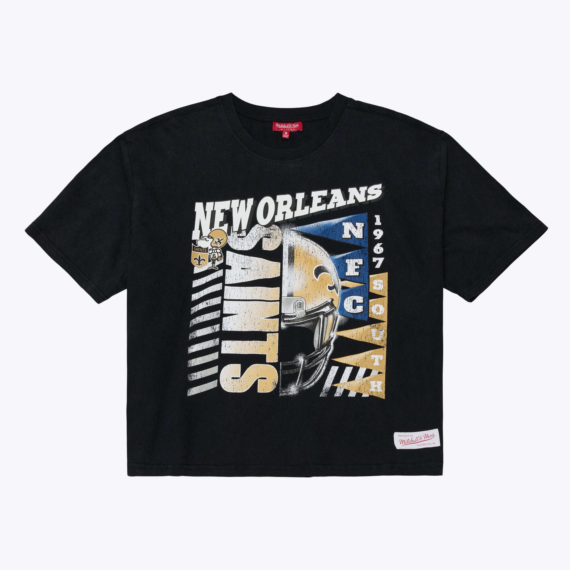 Mitchell & Ness Damen-T-Shirt in Schwarz mit New Orleans Saints Street Graphic, kastenförmig geschnitten