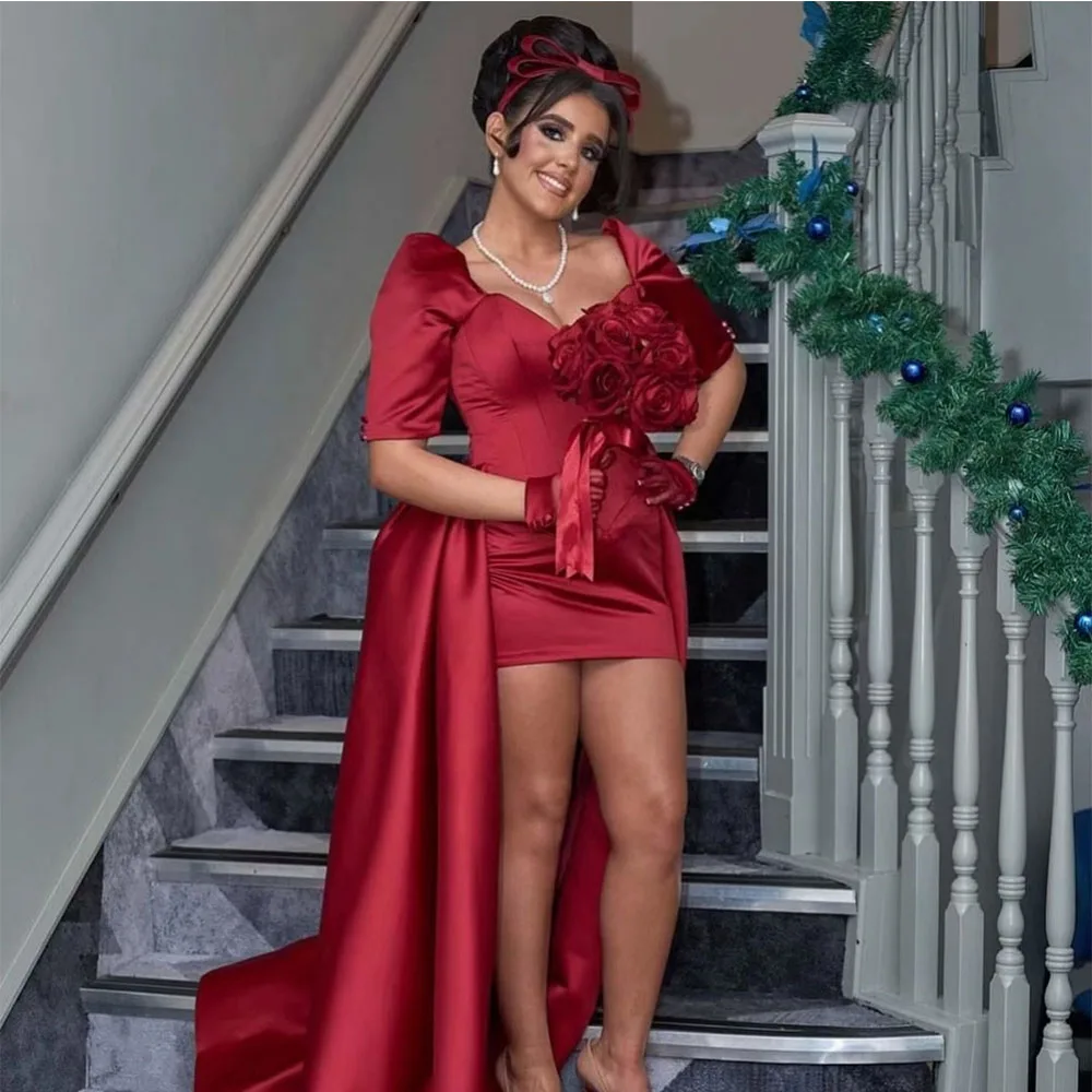 Customized Modern Mini Short Cocktail Dress Sheath Prom Gown Sweetheart Short Sleeves Wedding Party Gown With Train