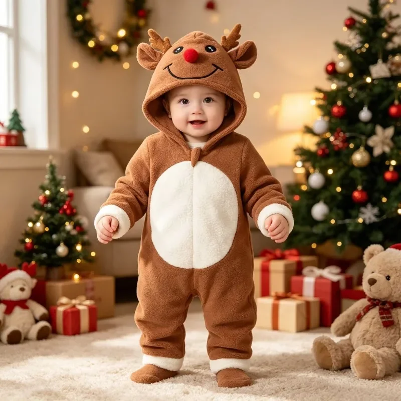 Vêtements pour bébé garçon, vêtements pour nouveau-né, combinaison de Noël à motif de renne pour bébés garçons et filles, combinaison marron en polaire avec capuche.