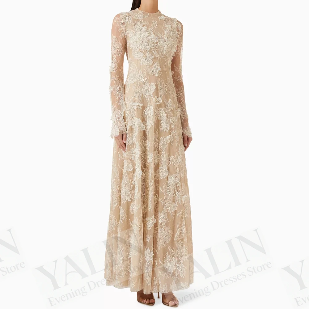 Women's A-line Evening Dresses Ankle-length High-neck Full Sleeve Prom Dresses Fashion Lace Simple Draped Customized Gowns