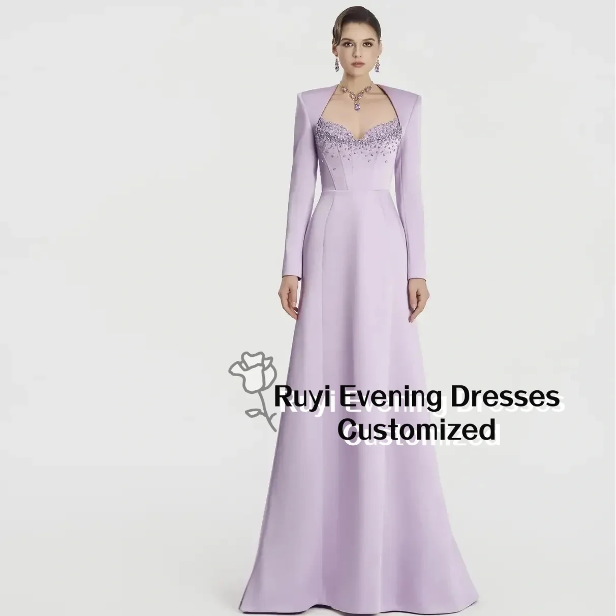 Customized Lavender Satin Formal Evening Dress Long Sleeve Rhinestone Beaded Prom Gown A-line Elegant Party Dress