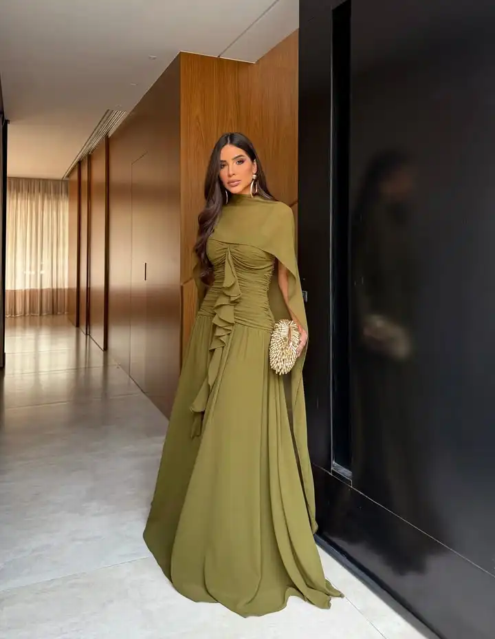 Customized Olive Green Chiffon Evening Dress High Neck Cape Sleeve Ruched Wedding Guest Maxi Dresses Cascading Ruffles