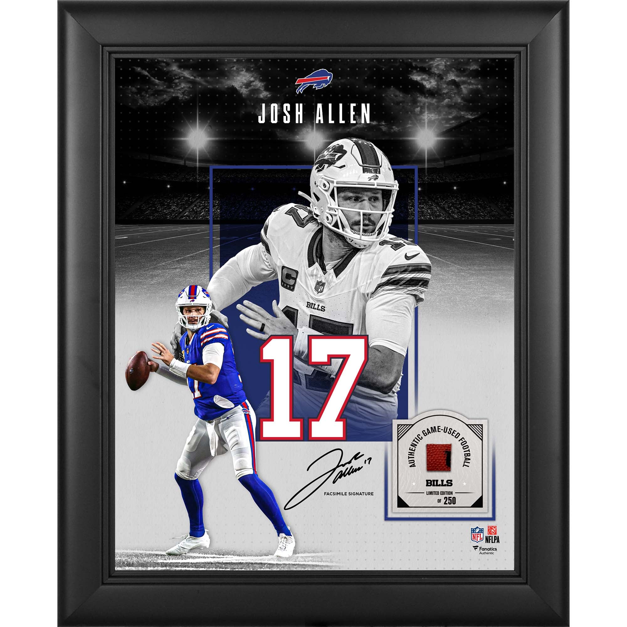 Josh Allen Buffalo Bills Faksimile-Unterschrift, gerahmte 11" x 14" Showcase-Collage mit einem Stück eines im Spiel verwendeten Footballs - Limitierte Auflage von 250 Stück
