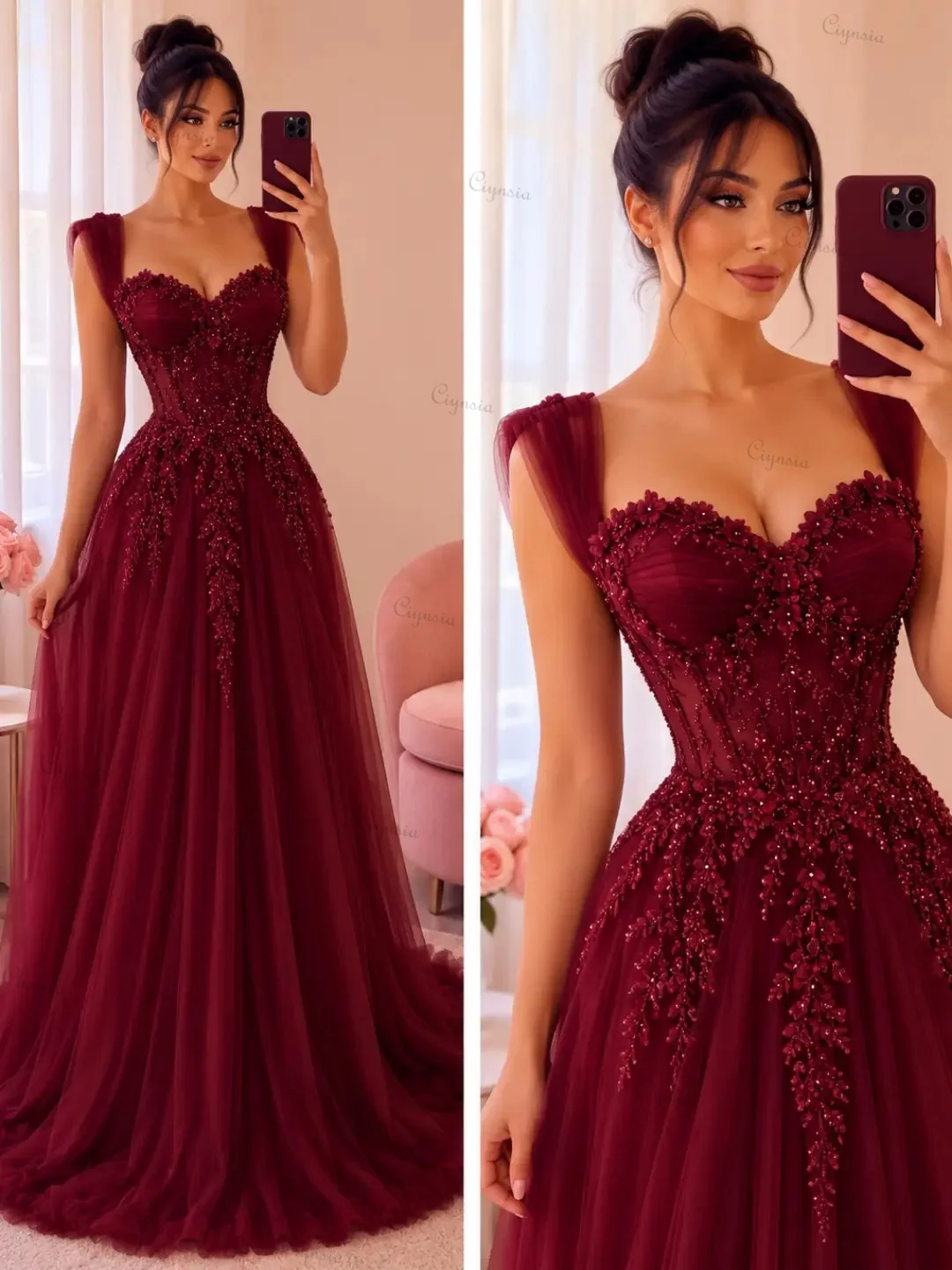 Customized Burgundy Evening Dresses Elegant Robes De Soirée Sweetheart A-Line Tulle Beaded Flowers Formal Prom Gown Abendkleider