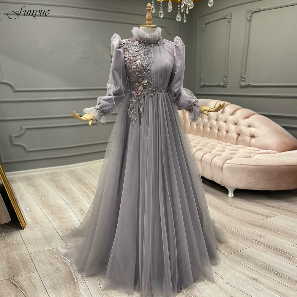 Funyue Customized Robes De Soirée A-Line Prom Dresses 2026 Arabic Long Sleeves Formal Dress Flowers Beads Muslim Evening Gowns