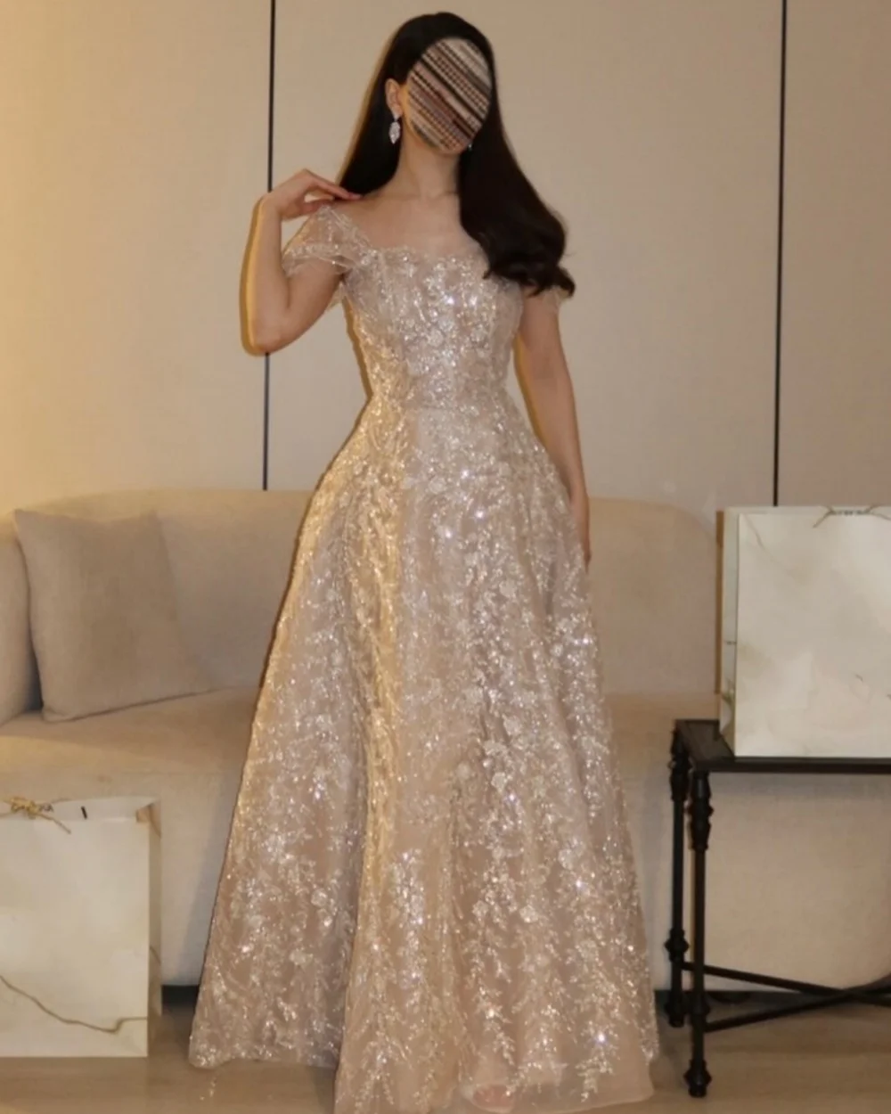 Customized Exquisite Women Tulle Beading Sequined A-Line Evening Dresses Fashion Off-the-shoulder Sleeveless Long Prom Dresses
