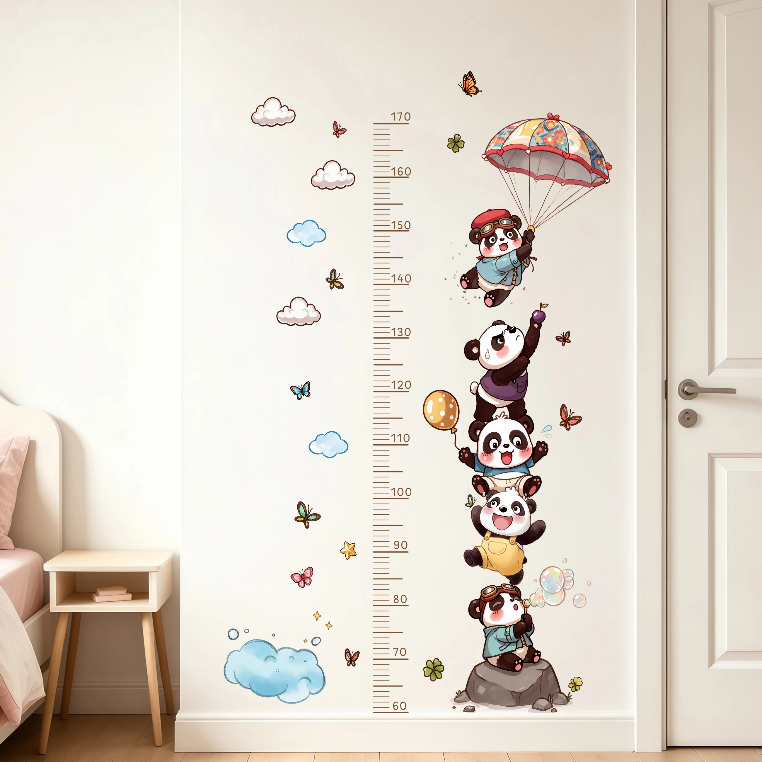 Niedliche Cartoon-Panda-Wachstumsmessstab-Wandaufkleber 60-170cm Abnehmbare PVC-Wachstumslineale Wandtattoos für Kinderzimmer, Schlafzimmer, Heimdekoration