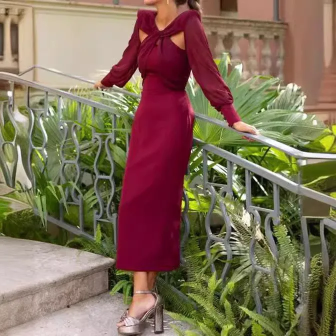 Elegant Party Dress for Woman | Women's Evening Burgundy Slim Fit Maxi Dress | V Neck Cut Out Detail Knot Front | High Waist