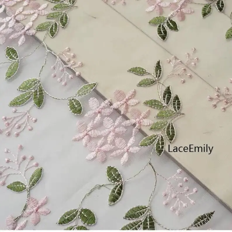 1 Yard 4 Colors Pink flower Lace Fabric Floral green leaf Embroidered Tulle lace For Wedding Gown, , Summer Dress, Party Dress