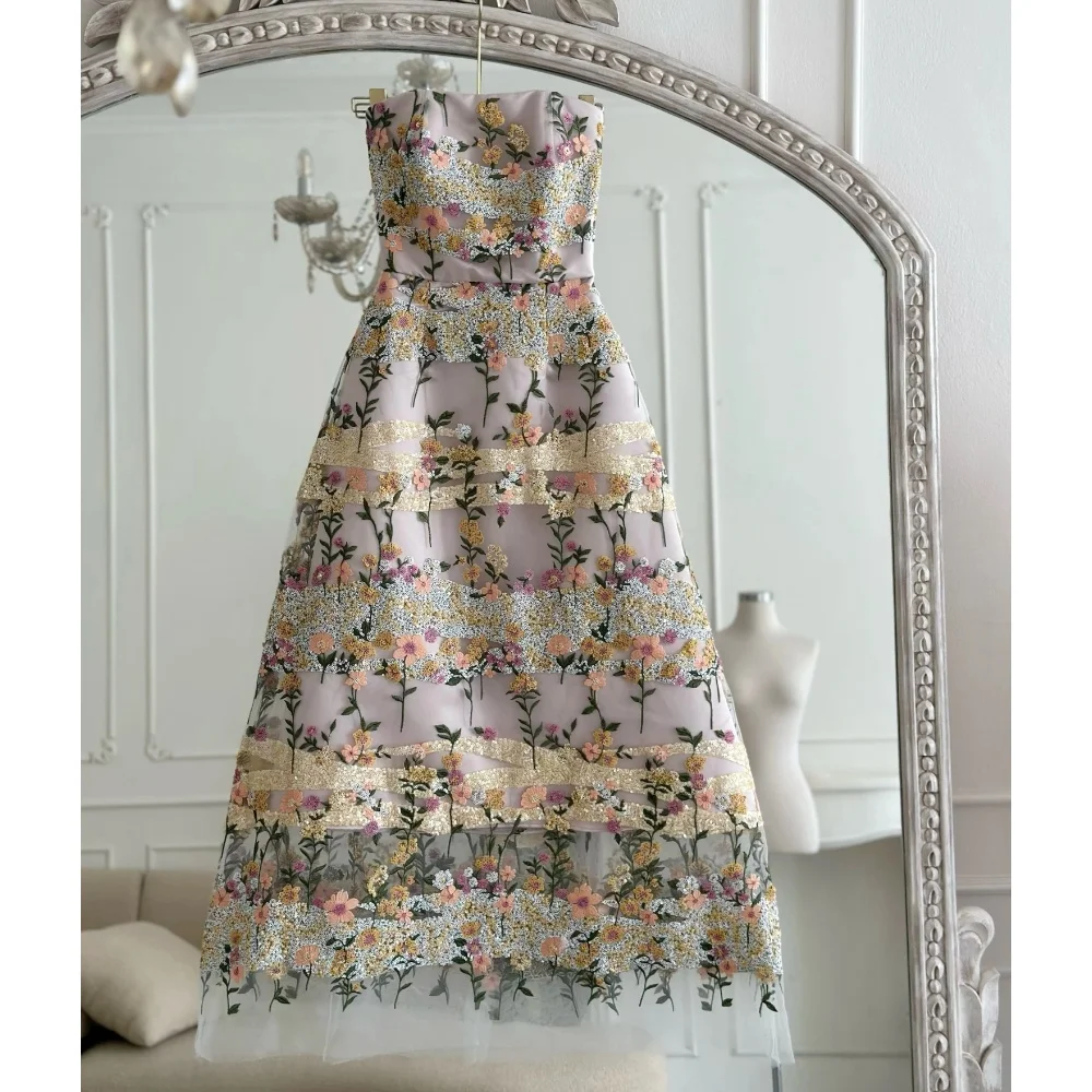 Dusty Lavender A Line Cocktail Dresses Floral Lace Sleeveless Midi Evening Dresses Embroidery Customized Wedding Guest Dresses