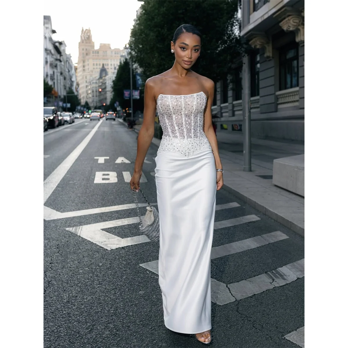 Lorrtta White Evening Dresses Straight Strapless Sleeveless Prom Dress Corset Bodice Sheer Illusion Column Silhouette Customized