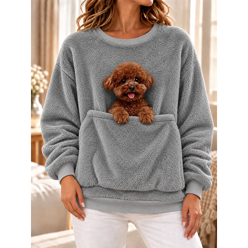 Women's Textured Pet Carrier Hoodie Fleece Pullover Sweatshirt Pocket Front Pocket Plain Warm Casual Funny Long Sleeve Crew Neck Regular Tops Blue Ash Black Pink Spring Fall Winter