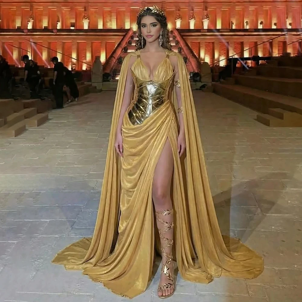 Sacred Women Gold Greek Goddess Evening Gown High Slit Cape Robe Sleeveless Luxury Formal Party Elegant Ceremonial Dress