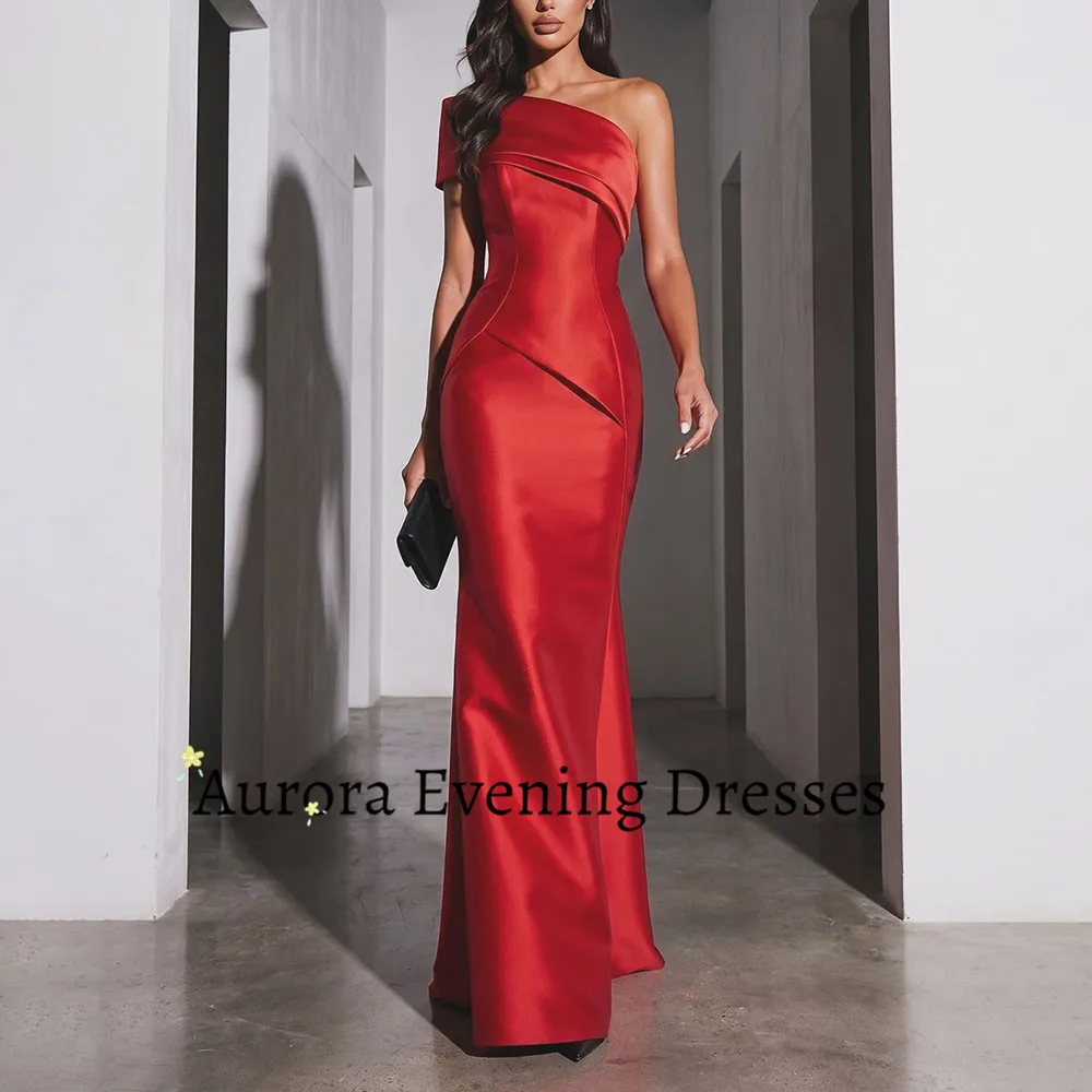 Aurora Simple One Shoulder Ruched Satin Mermaid Evening Dress for Women Elegant Red Formal Gala Gown Vestido De Fiesta Customize