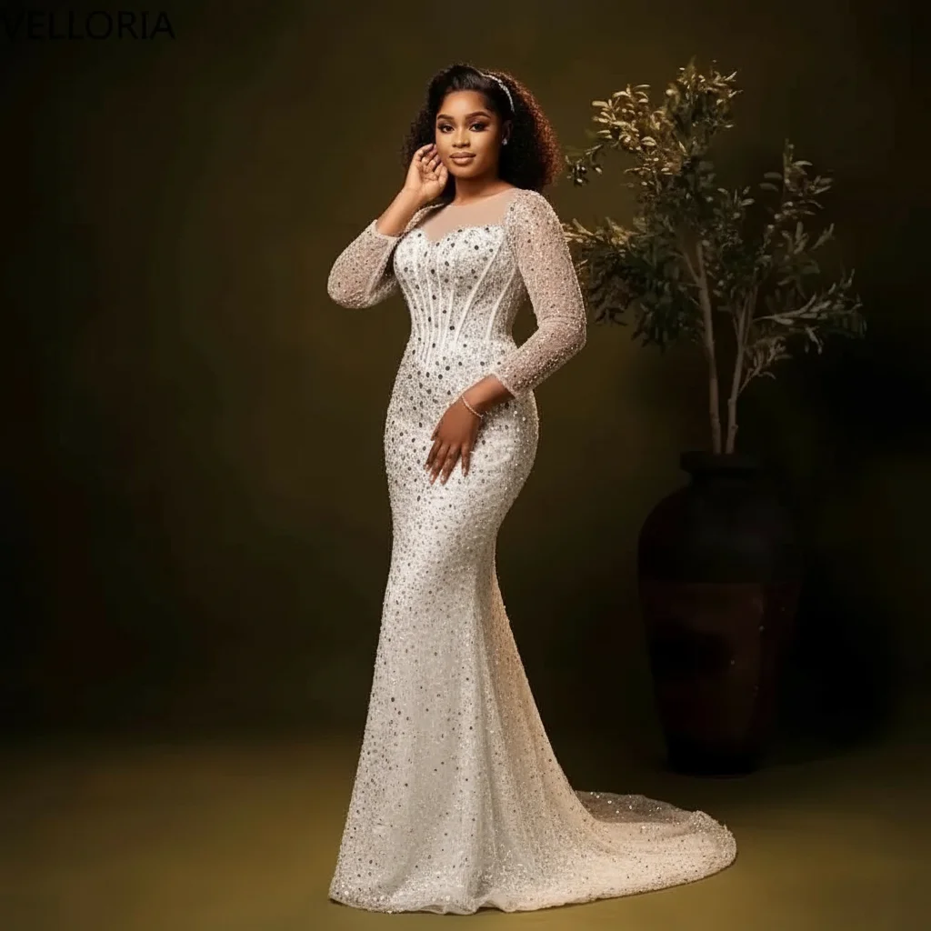 Luxury Mermaid Ball Gown Scoop Neck 3/4 Sleeve Fully Beaded Crystal Formal Evening Dress Africa Aso Ebi Wedding Dress Customized